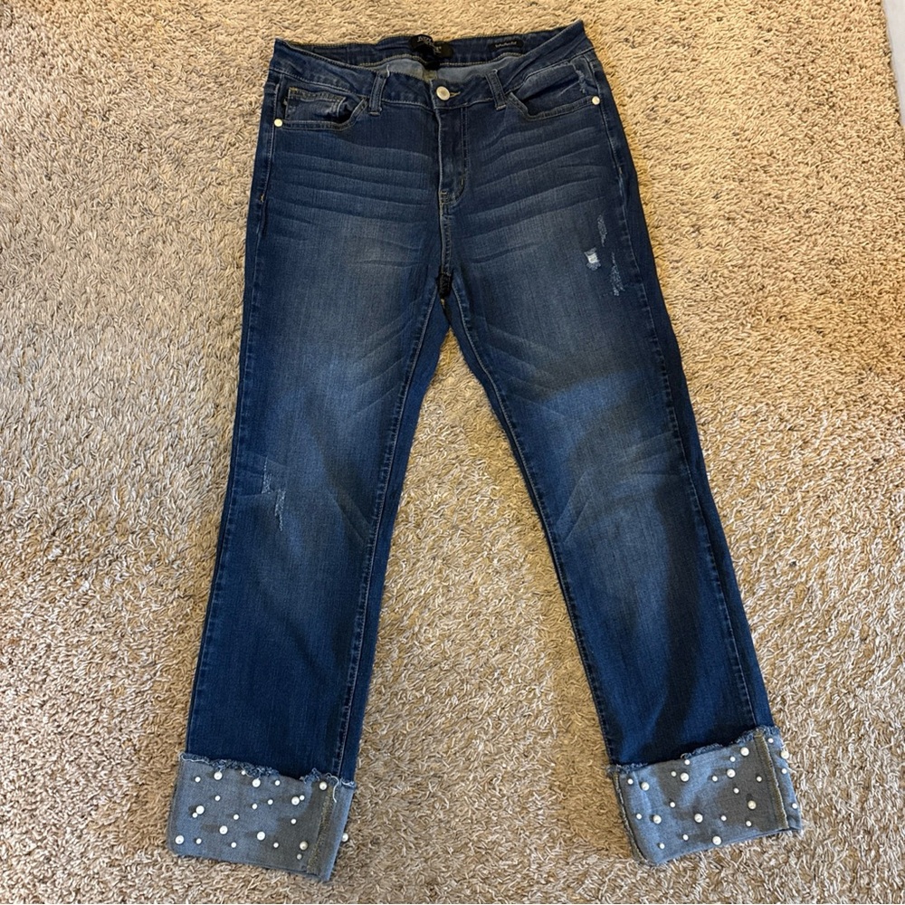 Judy Blue Jeans Size 11/30 Blue Med Wash Straight Pearl Beaded Cuffed Denim